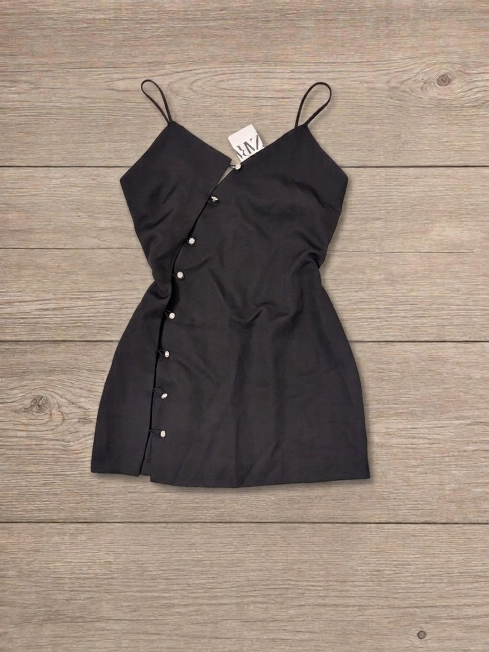 NWT Zara Black Asymmetric Rhinestone Button Mini Dress